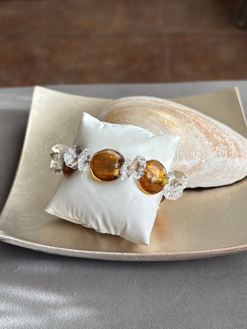 Handmade Amber Italian Glass Bead Toggle Bracelet - Gold White Tone Crystal
